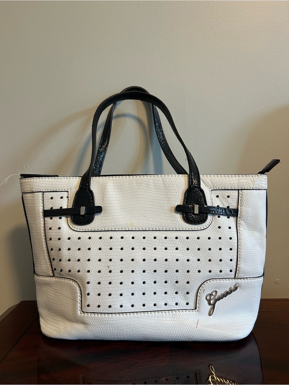 Guess White Tote with Black Trim and Perforated Front